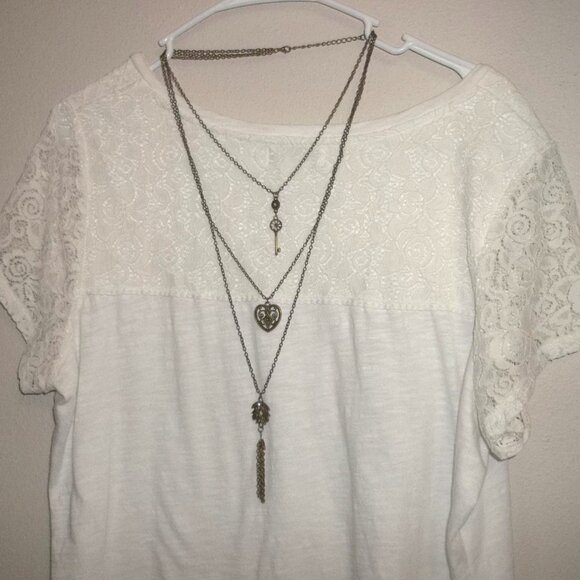 Bronze White Rhinestone Triple Layered Necklace Earring Key Heart Flower D186 - Picture 5 of 7